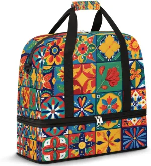 Foldable Travel Duffel Bag for Women, Overnight Weekender Bag Portugal Ethnic Flower Carry on Duffel Bag Luggage Sports Gym Tote Bag with Shoes Compartment, Water Rresistant Shoulder Bag,B745