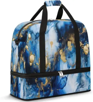 Foldable Travel Duffel Bag Tote Carry on Luggage Bag Alcohol Ink Blue Marble Sports Gym Bag with Shoes Compartment Small Overnight Weekender Bag for Women Men