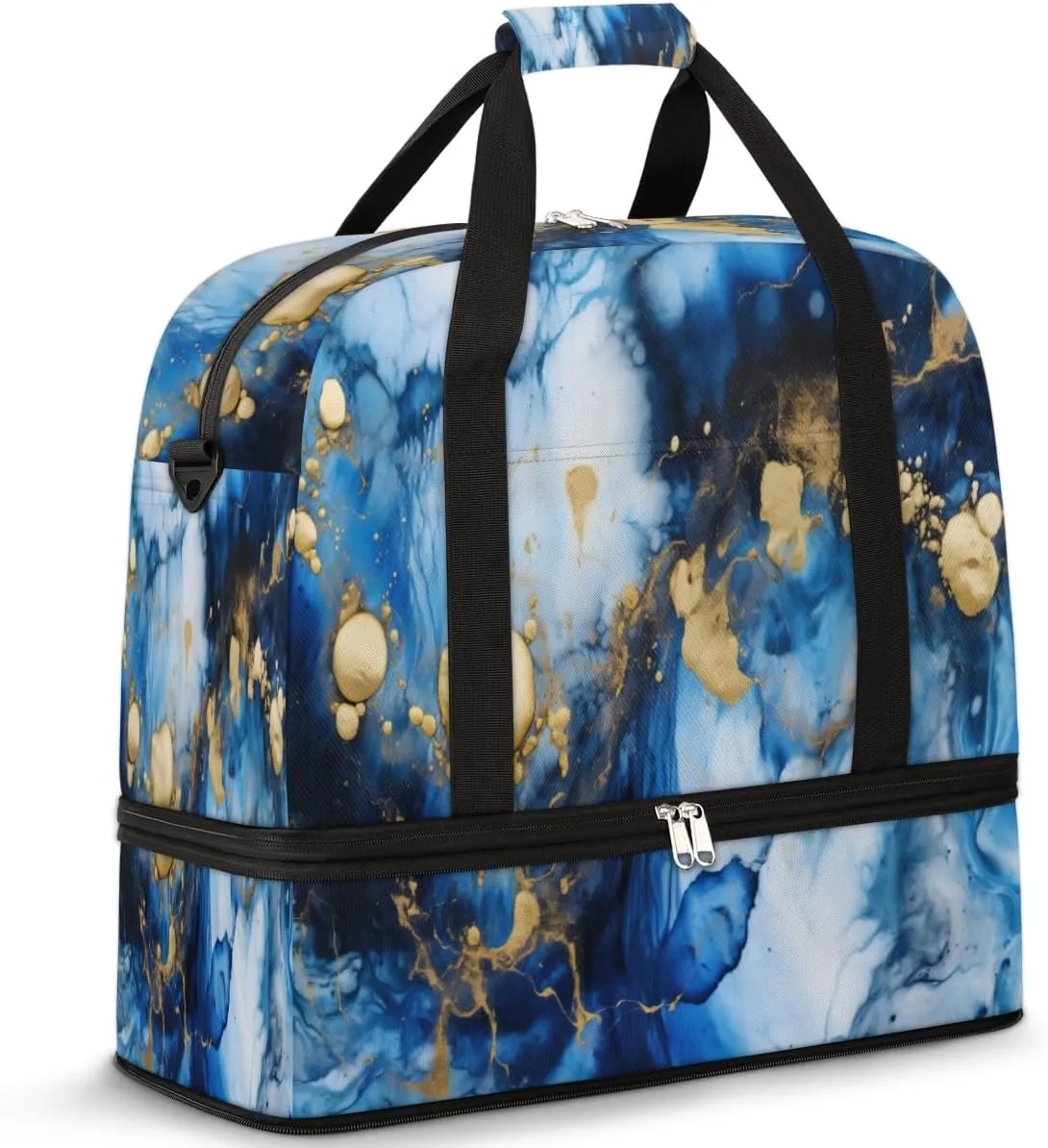 Foldable Travel Duffel Bag Tote Carry on Luggage Bag Alcohol Ink Blue Marble Sports Gym Bag with Shoes Compartment Small Overnight Weekender Bag for Women Men
