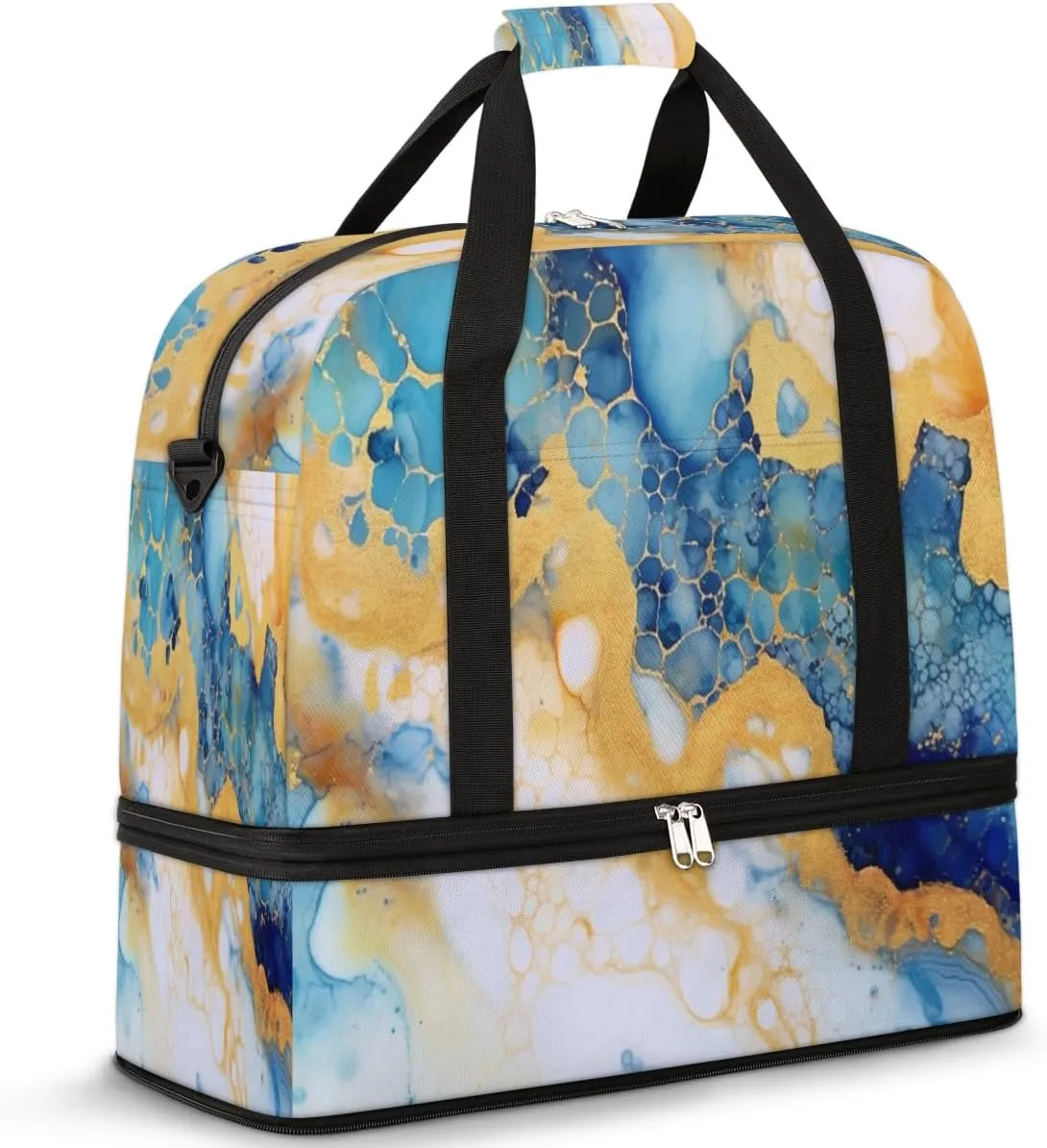 Foldable Travel Duffel Bag Tote Carry on Luggage Bag Alcohol Ink Marble Blue Sports Gym Bag with Shoes Compartment Small Overnight Weekender Bag for Women Men