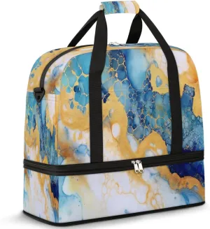 Foldable Travel Duffel Bag Tote Carry on Luggage Bag Alcohol Ink Marble Blue Sports Gym Bag with Shoes Compartment Small Overnight Weekender Bag for Women Men