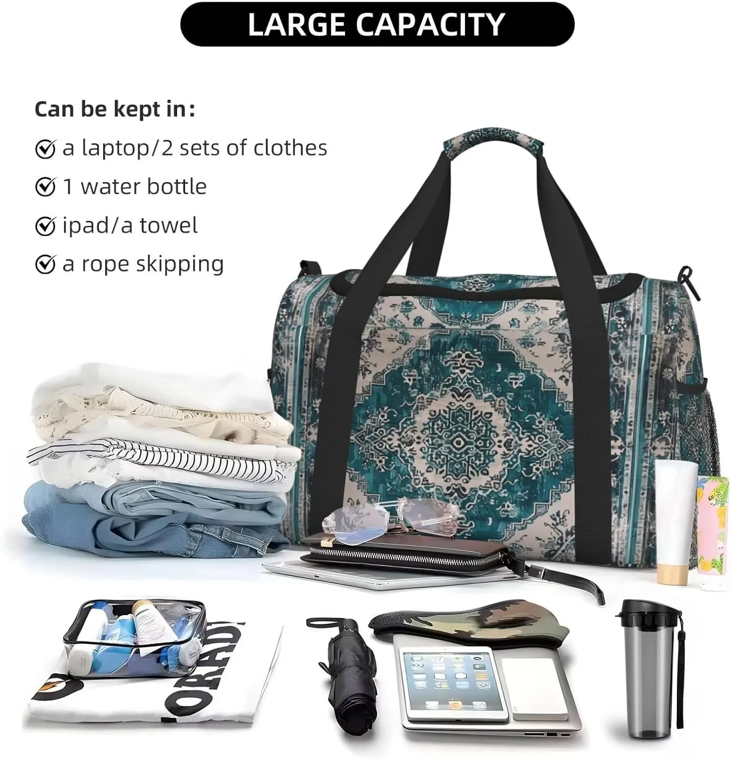 Foldable Travel Duffle Bag for Women Men Gym Tote Bag for Sports Aztec Turquoise Southwest Boho Geometry Carry On Weekender Overnight Bag for Travel, Navajo Tribal Native American Sports Bag