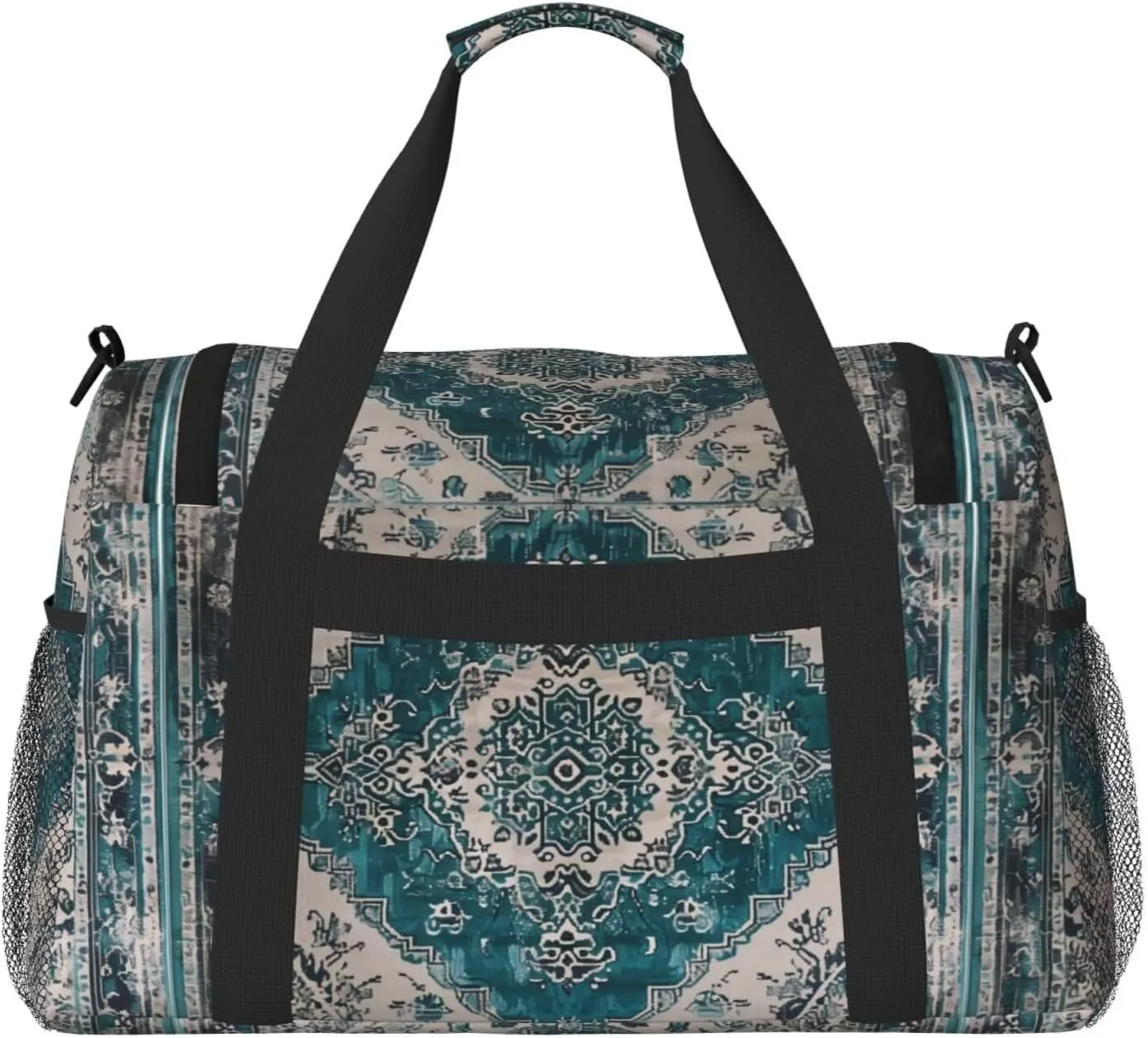 Foldable Travel Duffle Bag for Women Men Gym Tote Bag for Sports Aztec Turquoise Southwest Boho Geometry Carry On Weekender Overnight Bag for Travel, Navajo Tribal Native American Sports Bag
