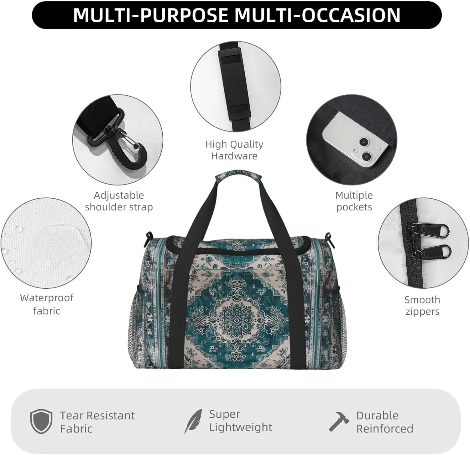 Foldable Travel Duffle Bag for Women Men Gym Tote Bag for Sports Aztec Turquoise Southwest Boho Geometry Carry On Weekender Overnight Bag for Travel, Navajo Tribal Native American Sports Bag