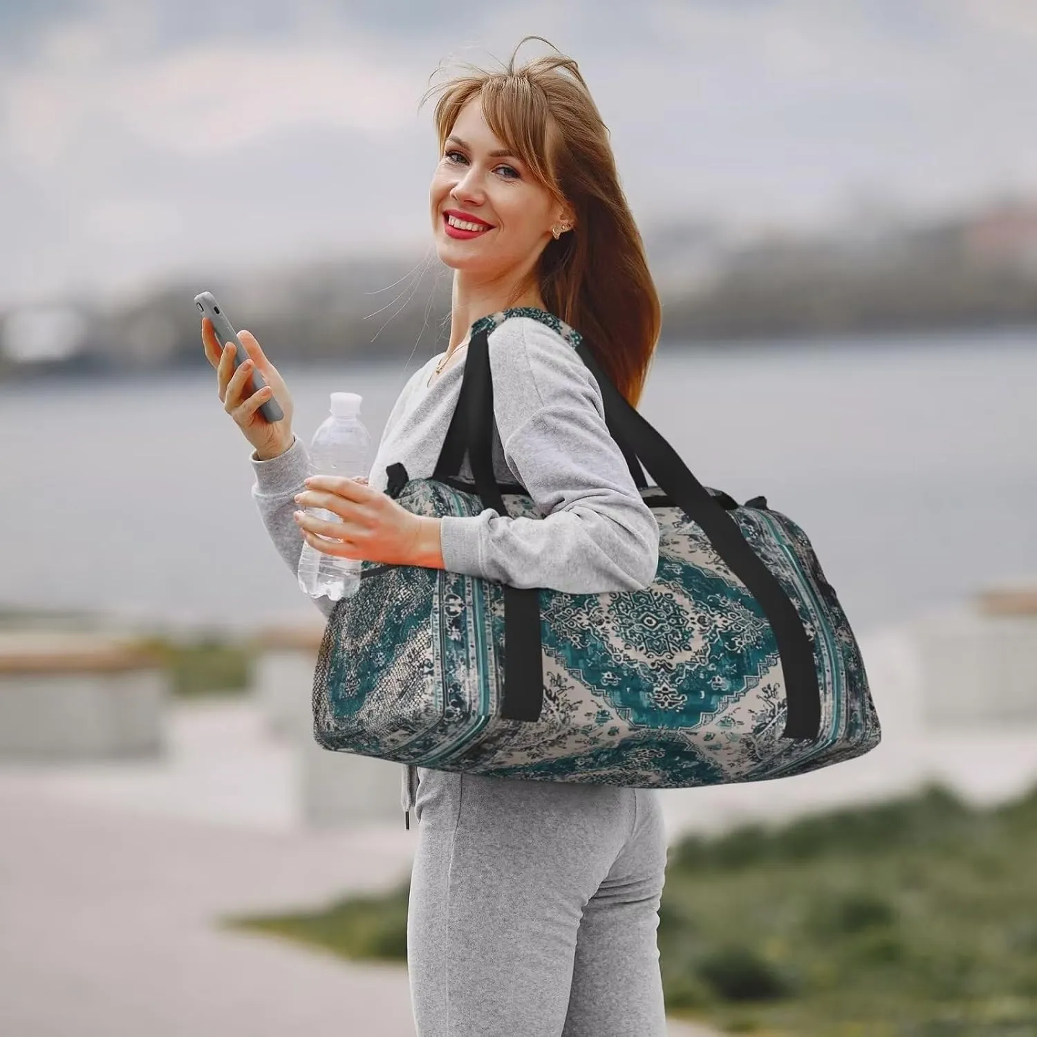 Foldable Travel Duffle Bag for Women Men Gym Tote Bag for Sports Aztec Turquoise Southwest Boho Geometry Carry On Weekender Overnight Bag for Travel, Navajo Tribal Native American Sports Bag