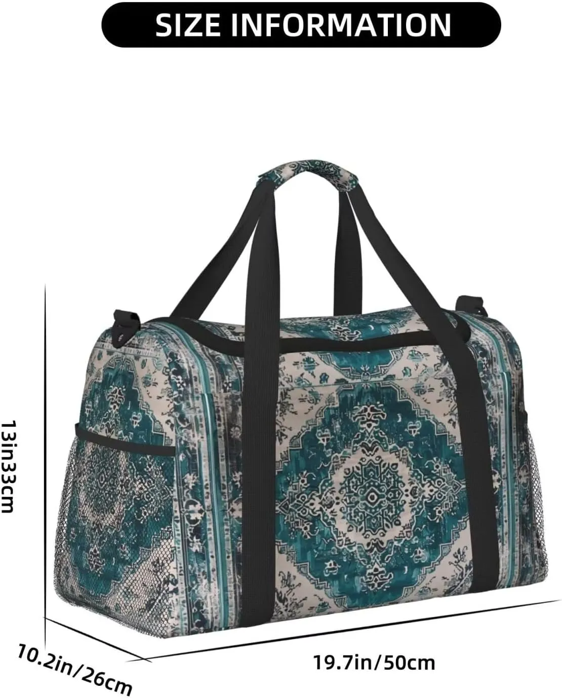 Foldable Travel Duffle Bag for Women Men Gym Tote Bag for Sports Aztec Turquoise Southwest Boho Geometry Carry On Weekender Overnight Bag for Travel, Navajo Tribal Native American Sports Bag