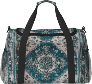 Foldable Travel Duffle Bag for Women Men Gym Tote Bag for Sports Aztec Turquoise Southwest Boho Geometry Carry On Weekender Overnight Bag for Travel, Navajo Tribal Native American Sports Bag