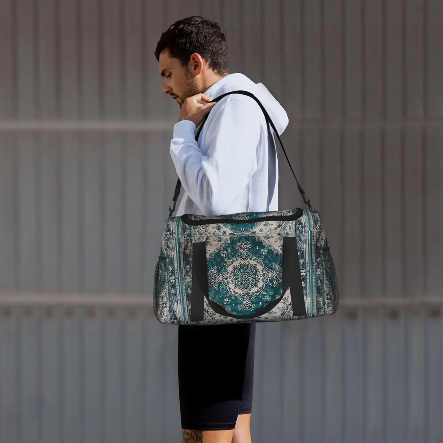 Foldable Travel Duffle Bag for Women Men Gym Tote Bag for Sports Aztec Turquoise Southwest Boho Geometry Carry On Weekender Overnight Bag for Travel, Navajo Tribal Native American Sports Bag