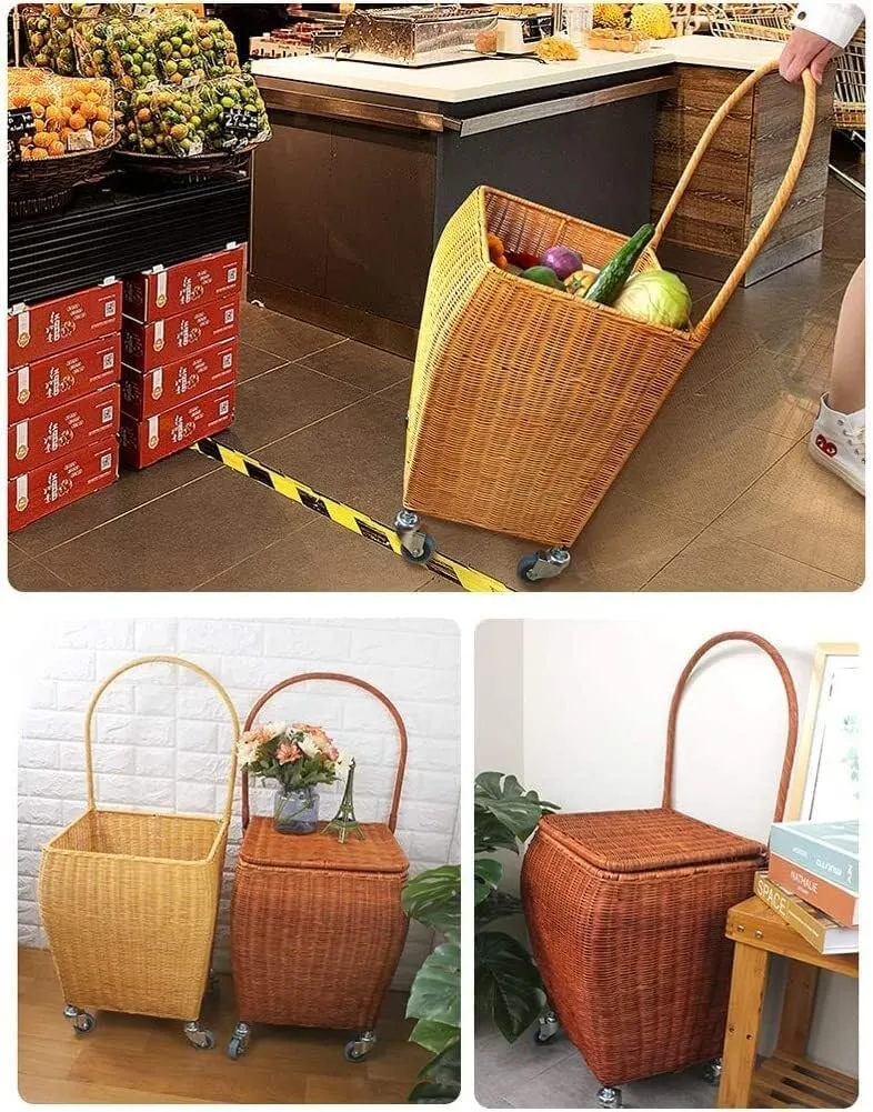 Folding Shopping Cart, Rattan Shopping Cart with Lid Rolling Elderly Shopping Trolley Hand Truck for Groceries Grocery Utility Carts(A)