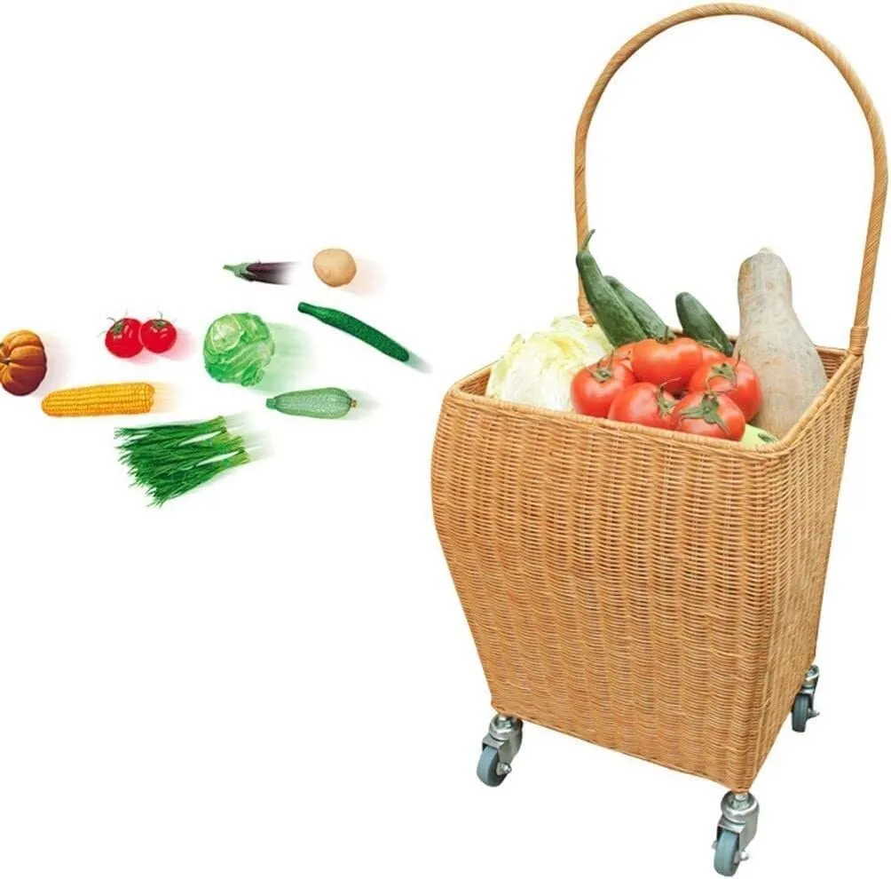 Folding Shopping Cart, Rattan Shopping Cart with Lid Rolling Elderly Shopping Trolley Hand Truck for Groceries Grocery Utility Carts(B)