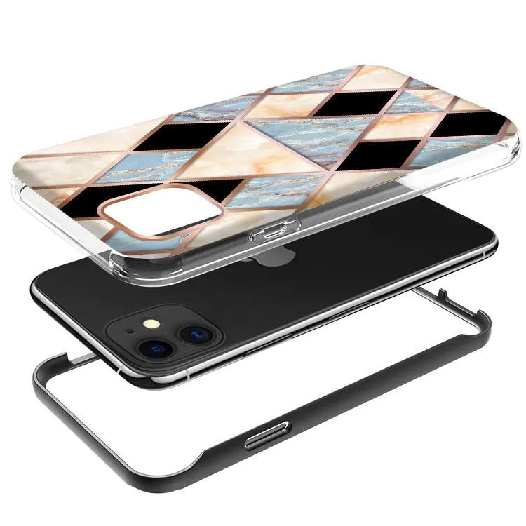 For Apple iPhone 11 (6.1") Dual Layer Hybrid Shockproof Fashion Design IMD Electroplating 2in1 Hard Rubber Frame  Phone Case Cover