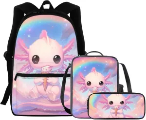 FOR U DESIGNS Axolotl Ice Cream Backpack for Girls Cute 3 Piece Bookbag Set Lovely School Bag with Lunchbox 2nd Grade Book Bags for Kids Ergonomic Travel Rucksack