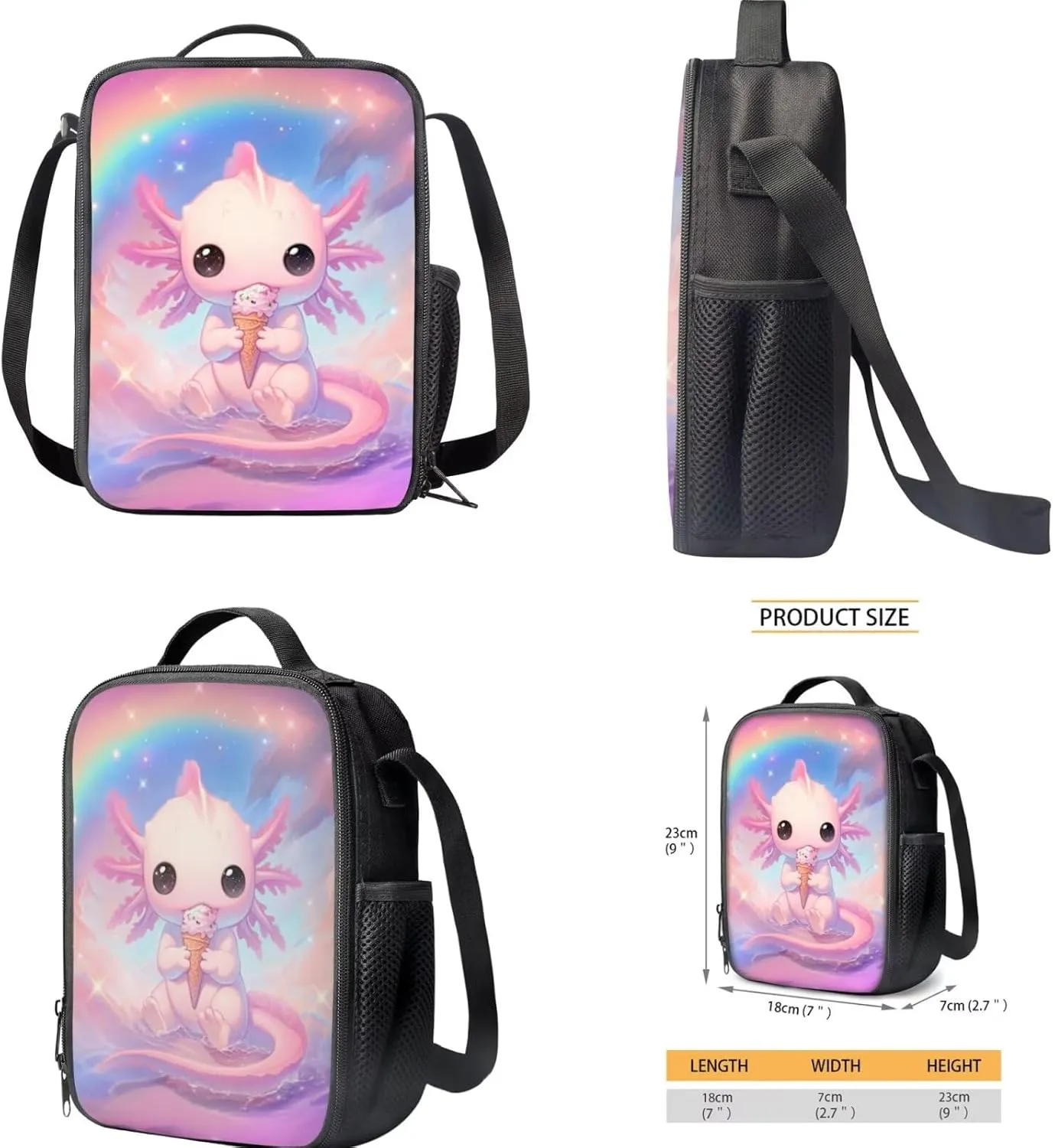FOR U DESIGNS Axolotl Ice Cream Backpack for Girls Cute 3 Piece Bookbag Set Lovely School Bag with Lunchbox 2nd Grade Book Bags for Kids Ergonomic Travel Rucksack