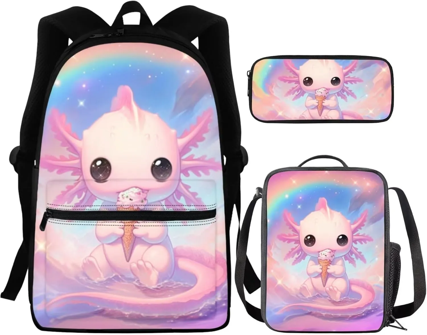 FOR U DESIGNS Axolotl Ice Cream Backpack for Girls Cute 3 Piece Bookbag Set Lovely School Bag with Lunchbox 2nd Grade Book Bags for Kids Ergonomic Travel Rucksack