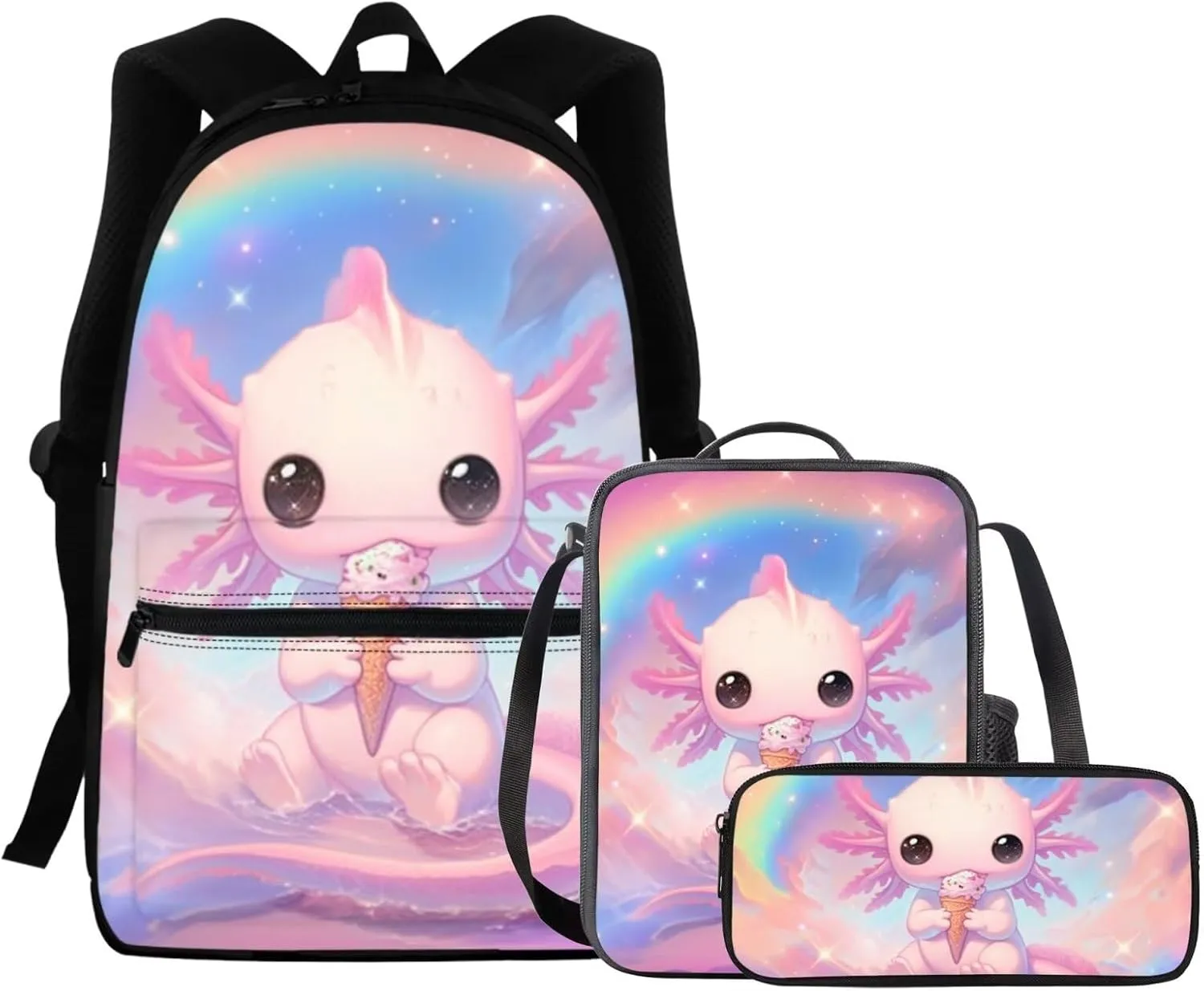 FOR U DESIGNS Axolotl Ice Cream Backpack for Girls Cute 3 Piece Bookbag Set Lovely School Bag with Lunchbox 2nd Grade Book Bags for Kids Ergonomic Travel Rucksack