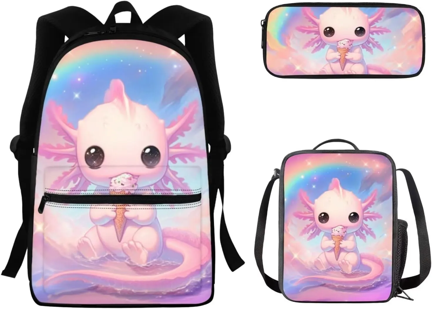FOR U DESIGNS Axolotl Ice Cream Backpack for Girls Cute 3 Piece Bookbag Set Lovely School Bag with Lunchbox 2nd Grade Book Bags for Kids Ergonomic Travel Rucksack