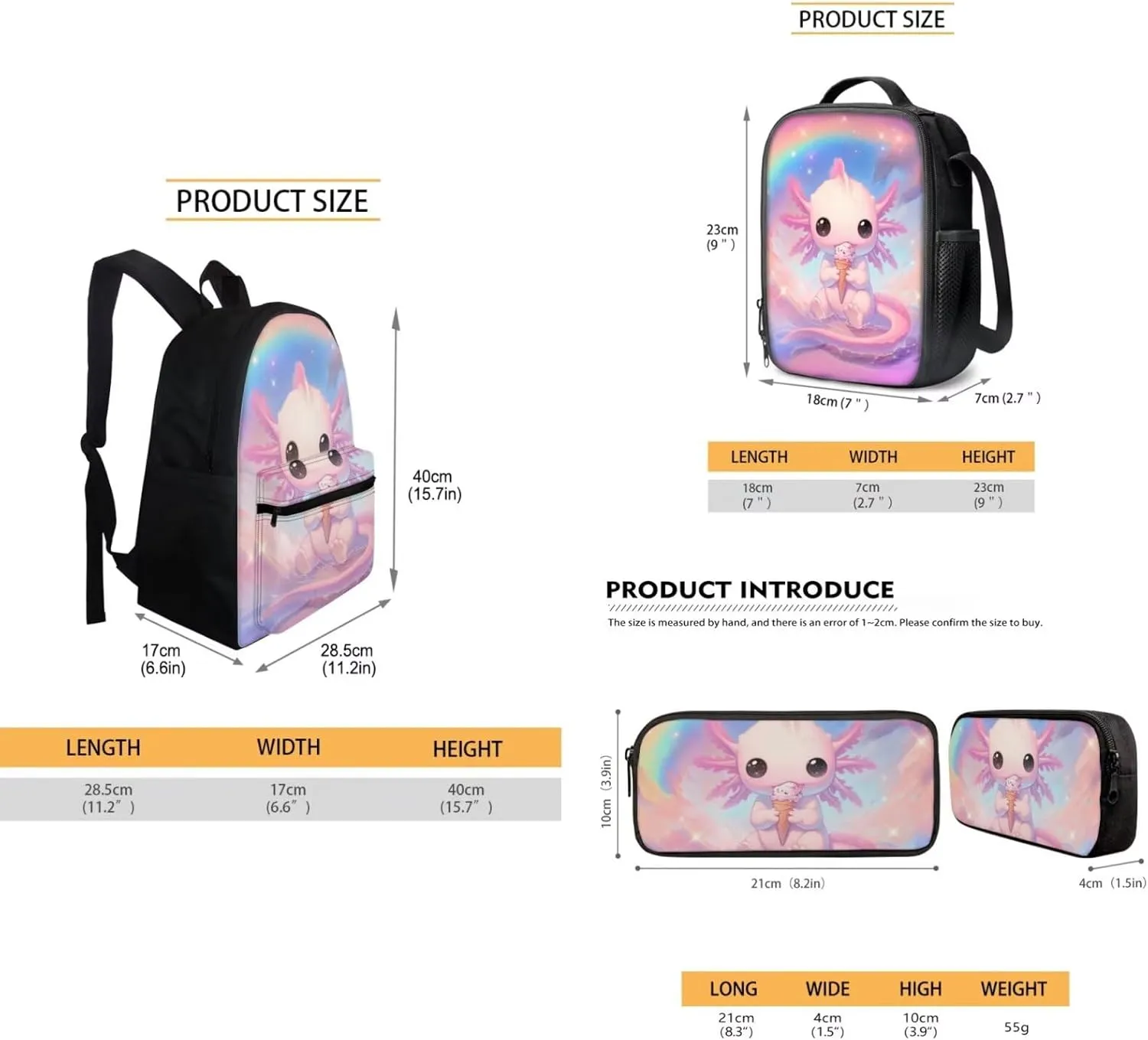 FOR U DESIGNS Axolotl Ice Cream Backpack for Girls Cute 3 Piece Bookbag Set Lovely School Bag with Lunchbox 2nd Grade Book Bags for Kids Ergonomic Travel Rucksack