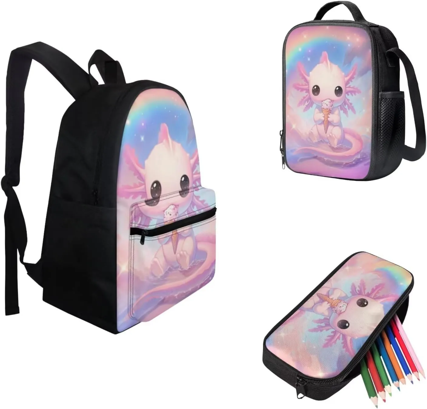 FOR U DESIGNS Axolotl Ice Cream Backpack for Girls Cute 3 Piece Bookbag Set Lovely School Bag with Lunchbox 2nd Grade Book Bags for Kids Ergonomic Travel Rucksack