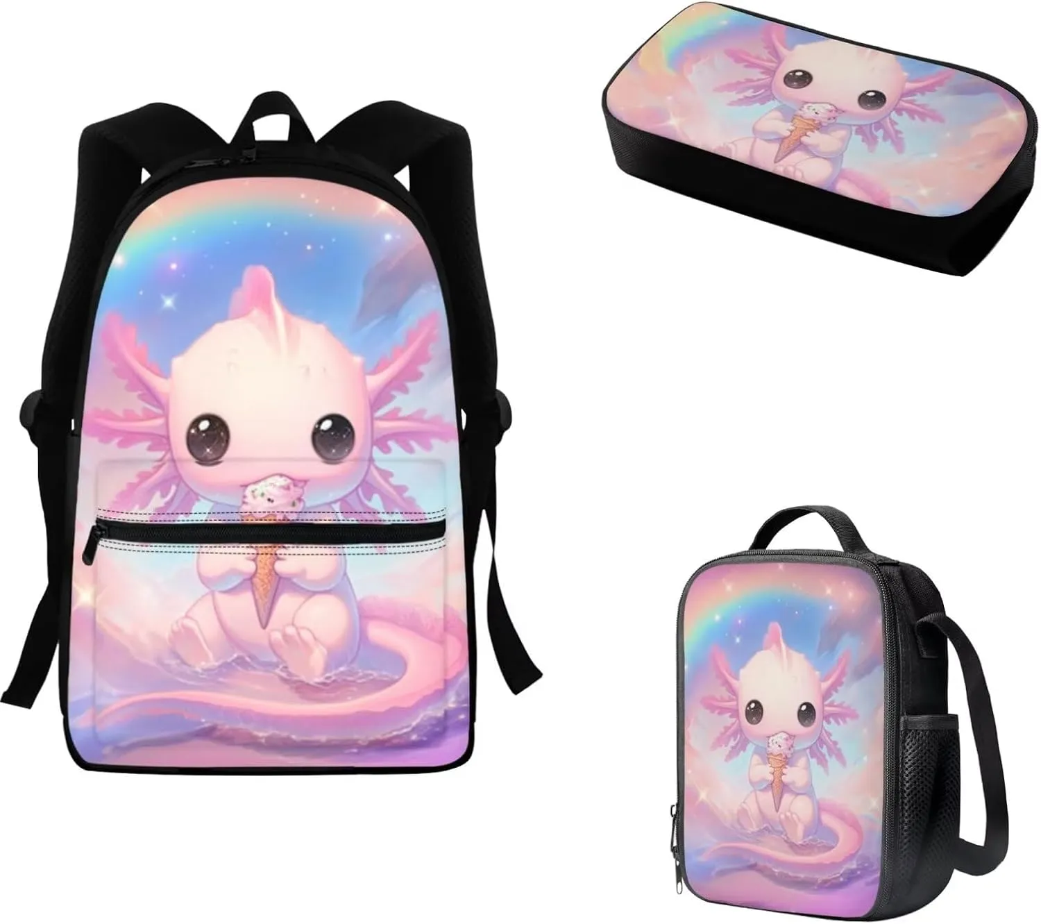 FOR U DESIGNS Axolotl Ice Cream Backpack for Girls Cute 3 Piece Bookbag Set Lovely School Bag with Lunchbox 2nd Grade Book Bags for Kids Ergonomic Travel Rucksack