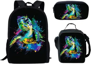 Forchrinse Tie Dye Sea Turtle Print Backpack for Kids,3D Animal Print School Bag Travel Daypack Lunch Bag Pencil Case Set of 3 for Elementary Preschool Student