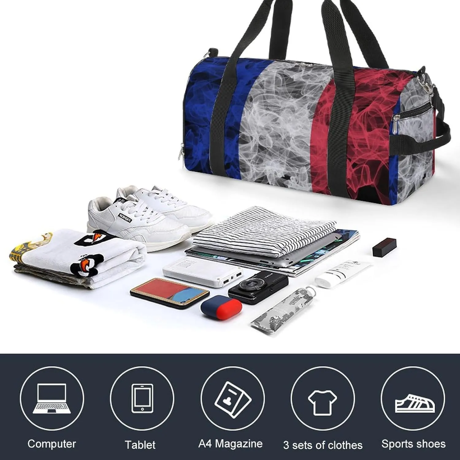 France Flag Smoke Style Travel Duffel Bag with Shoe Compartment for Gym Yoga Beach Weekender