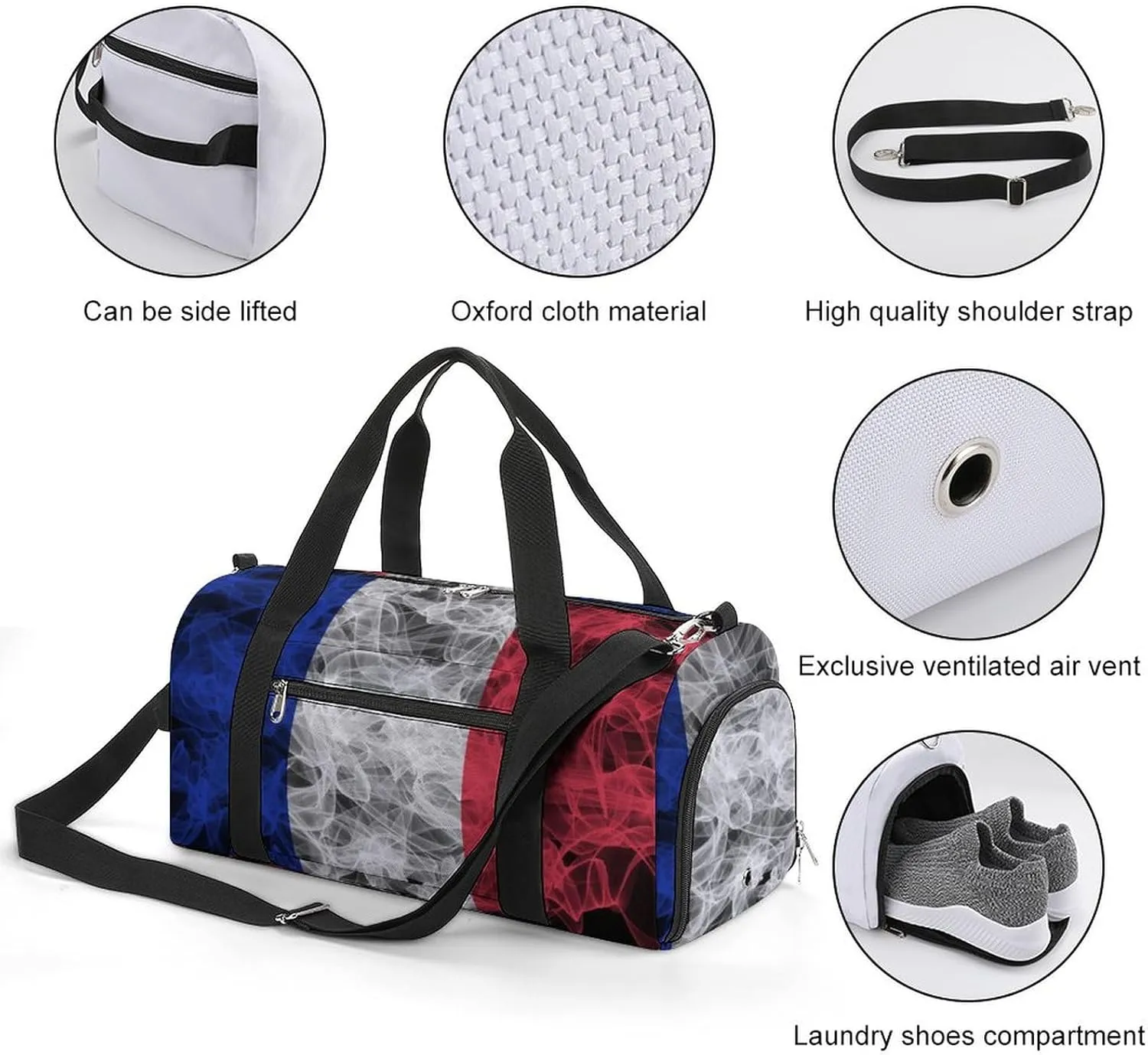 France Flag Smoke Style Travel Duffel Bag with Shoe Compartment for Gym Yoga Beach Weekender