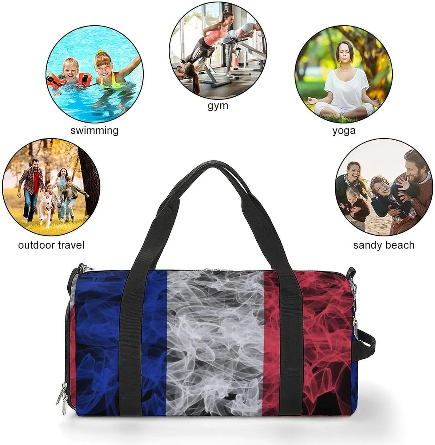 France Flag Smoke Style Travel Duffel Bag with Shoe Compartment for Gym Yoga Beach Weekender