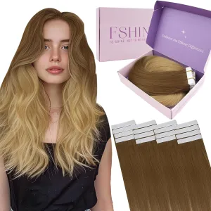 Fshine Hair Extensions Tape in Real Human Hair Balayage Hair Extensions Color 10 Golden Brown to 14 Dark Blonde 12 Inch Invisible Tape in Extensions 30g Remy Hair for Women 20Pcs