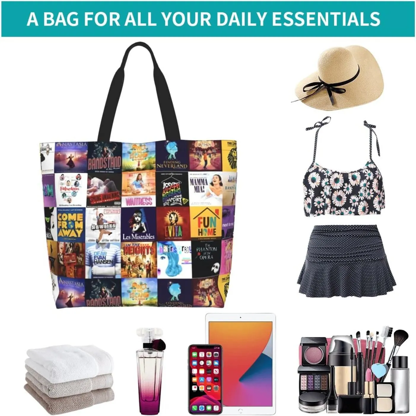 Ftuiylu broadway Tote Bag Women Kitchen Reusable Grocery Bags Shopping Bag Beach Bags Shoulder Bag