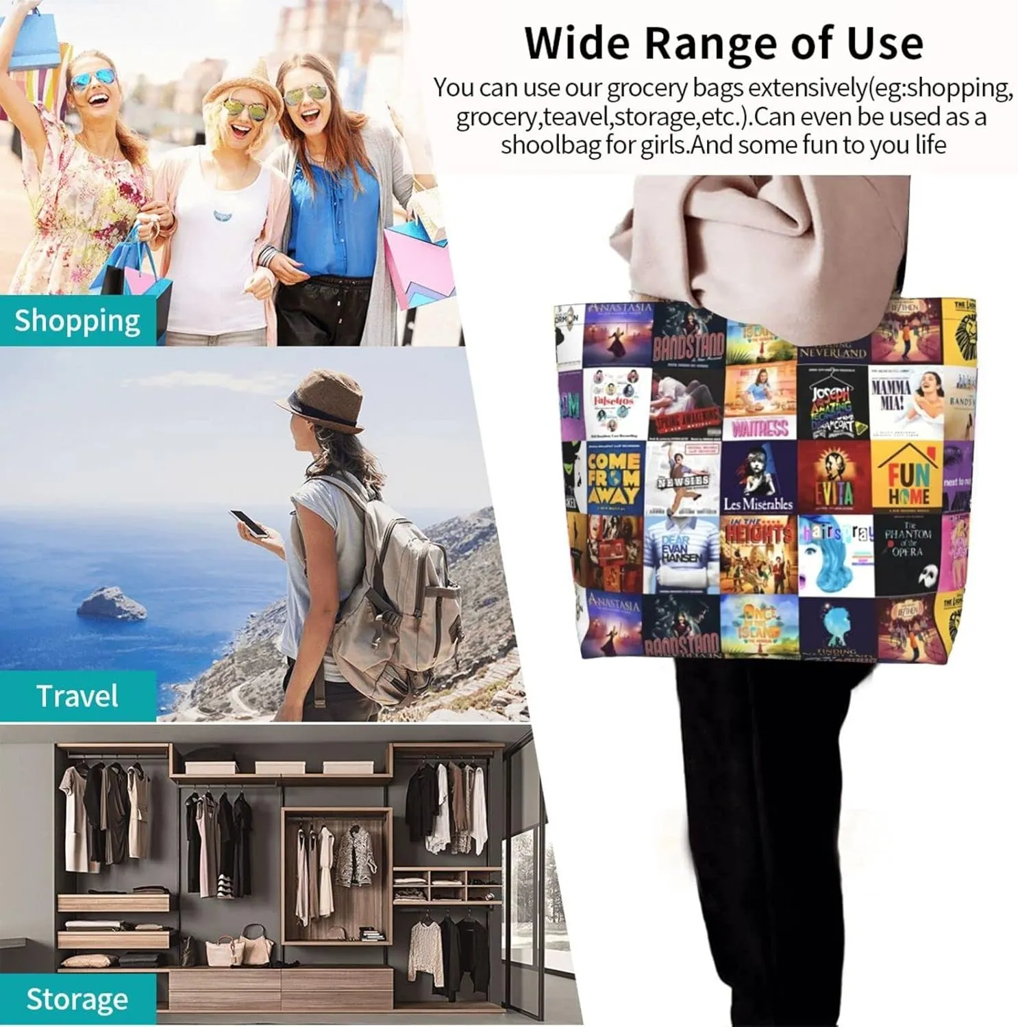 Ftuiylu broadway Tote Bag Women Kitchen Reusable Grocery Bags Shopping Bag Beach Bags Shoulder Bag