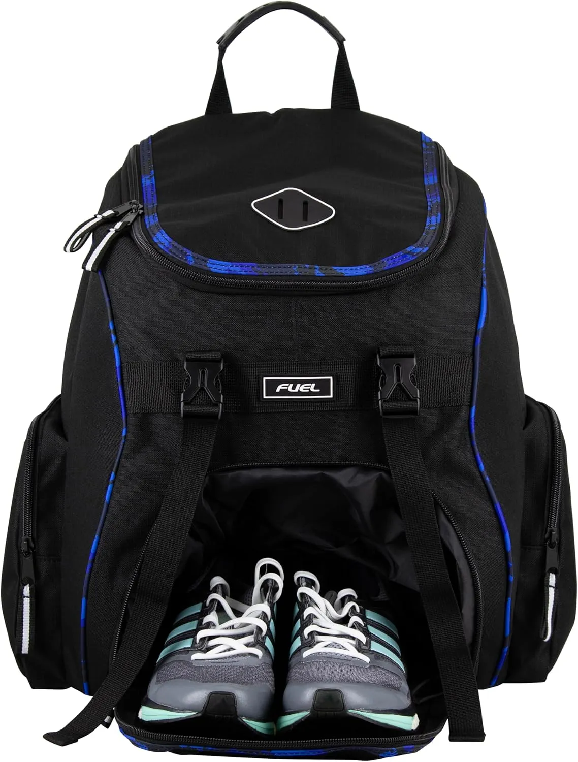 FUEL Oversized Wide Mouth Backpack with Multiple Compartments, Large Storage for Hiking, Work, Classroom, and Traveling - Blue Trim
