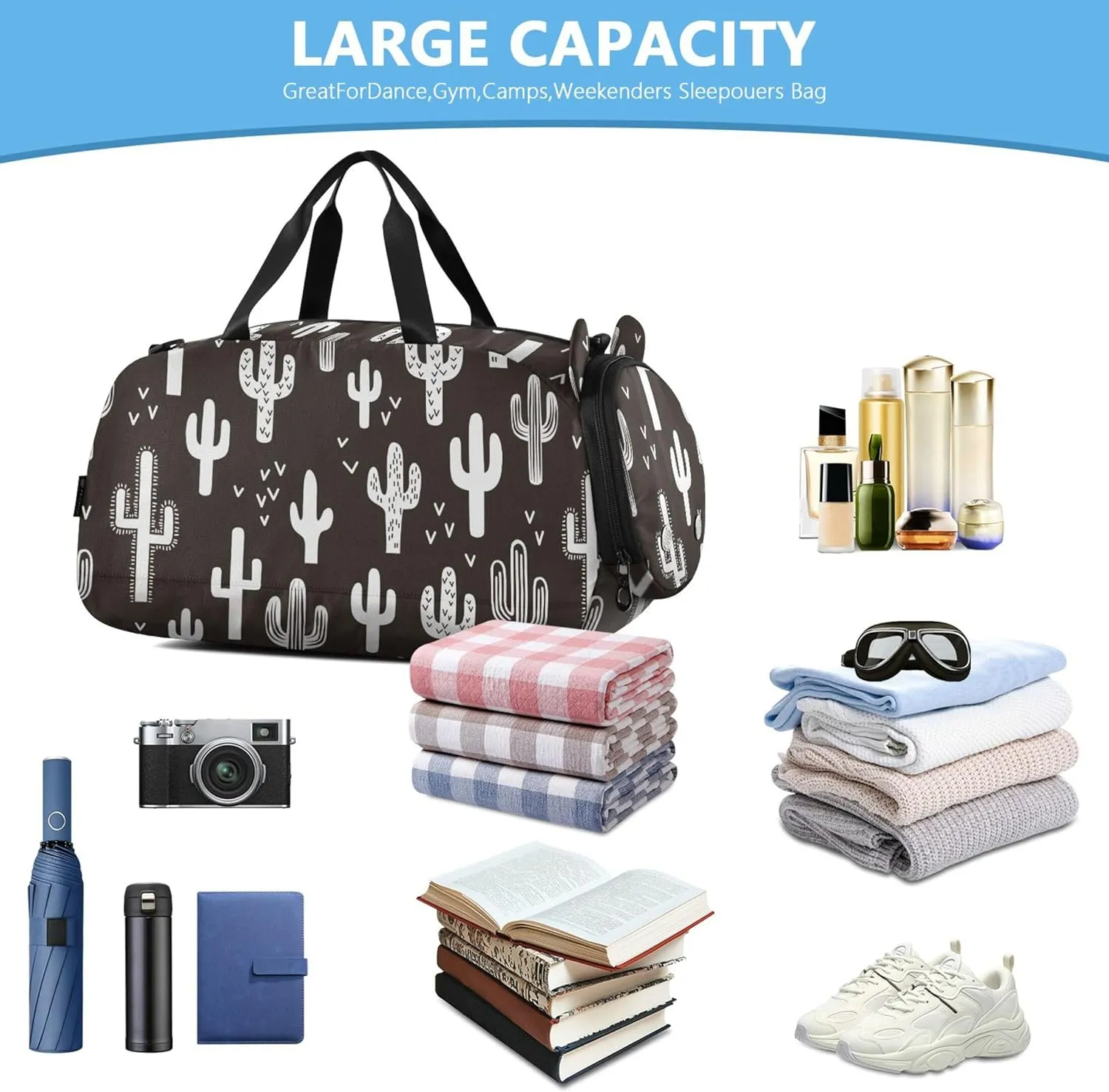 Fun Western Cactus Repeat Duffel Gym Bags with Shoes Compartment Multifunctional Weekend Overnight Carry on Bag for Beach Swim Bags Pool Sports
