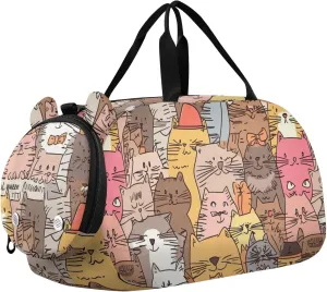 Funny Cartoon Cats Doodle Style Small Gym Bag with Shoes Compartment Multifunctional Weekender Overnight Bags for Beach Swim Bags Pool Sports