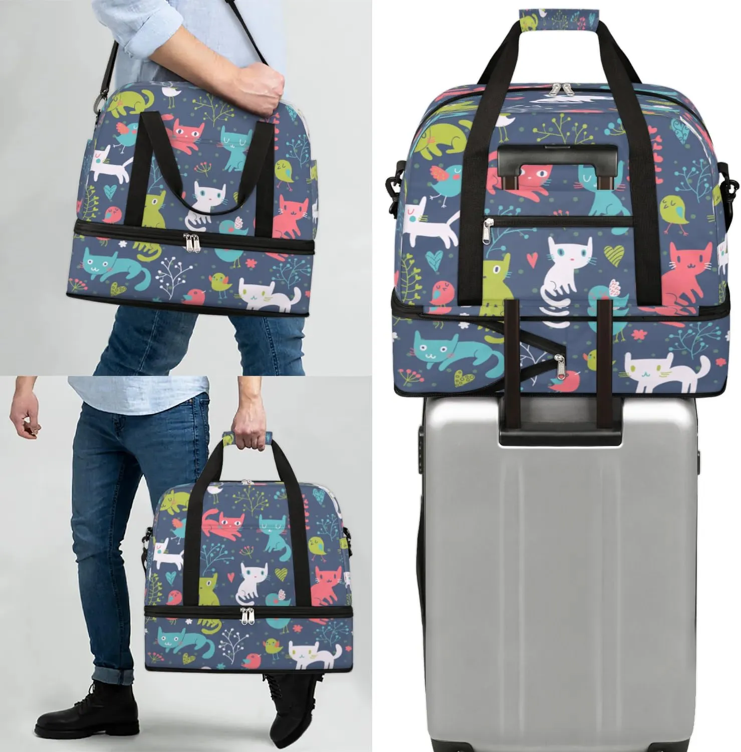 Funny Cat Birds Flowers Sports Gym Bag with Shoes Compartment Foldable Travel Duffel Bag Dry Wet Separated Sports Tote Workout Weekender Overnight Bag for Women Yoga Dance Work Training Handbag