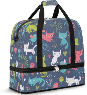 Funny Cat Birds Flowers Sports Gym Bag with Shoes Compartment Foldable Travel Duffel Bag Dry Wet Separated Sports Tote Workout Weekender Overnight Bag for Women Yoga Dance Work Training Handbag