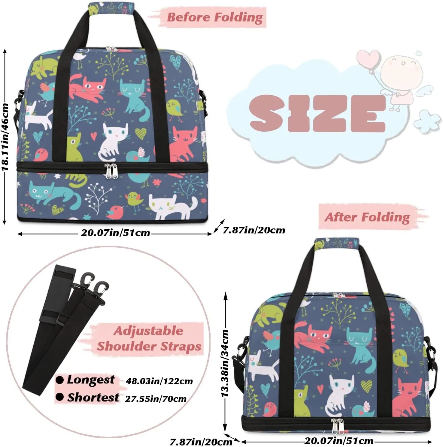 Funny Cat Birds Flowers Sports Gym Bag with Shoes Compartment Foldable Travel Duffel Bag Dry Wet Separated Sports Tote Workout Weekender Overnight Bag for Women Yoga Dance Work Training Handbag