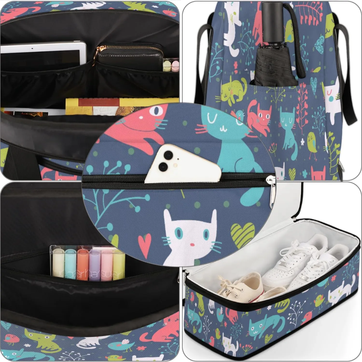 Funny Cat Birds Flowers Sports Gym Bag with Shoes Compartment Foldable Travel Duffel Bag Dry Wet Separated Sports Tote Workout Weekender Overnight Bag for Women Yoga Dance Work Training Handbag