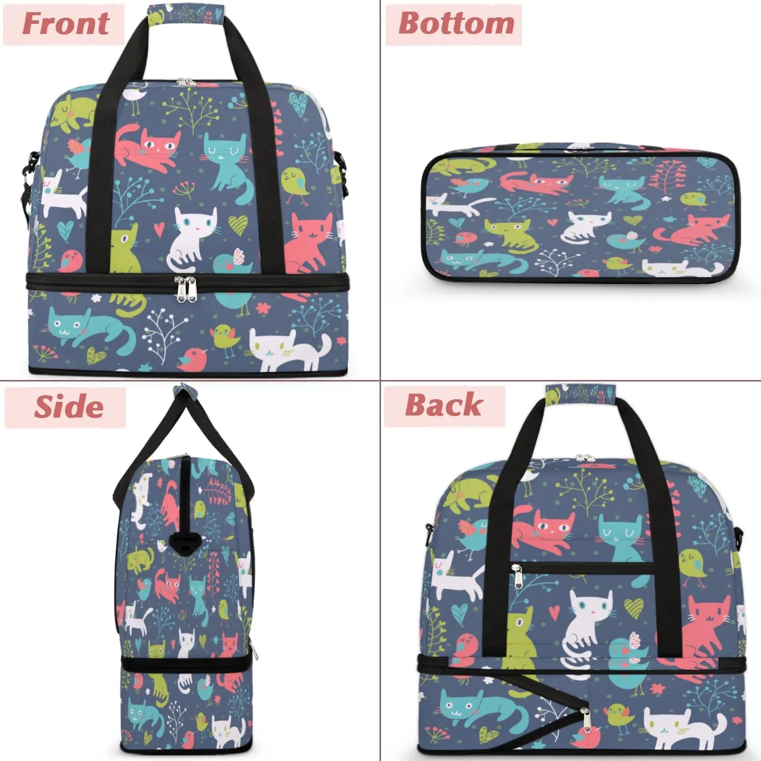 Funny Cat Birds Flowers Sports Gym Bag with Shoes Compartment Foldable Travel Duffel Bag Dry Wet Separated Sports Tote Workout Weekender Overnight Bag for Women Yoga Dance Work Training Handbag