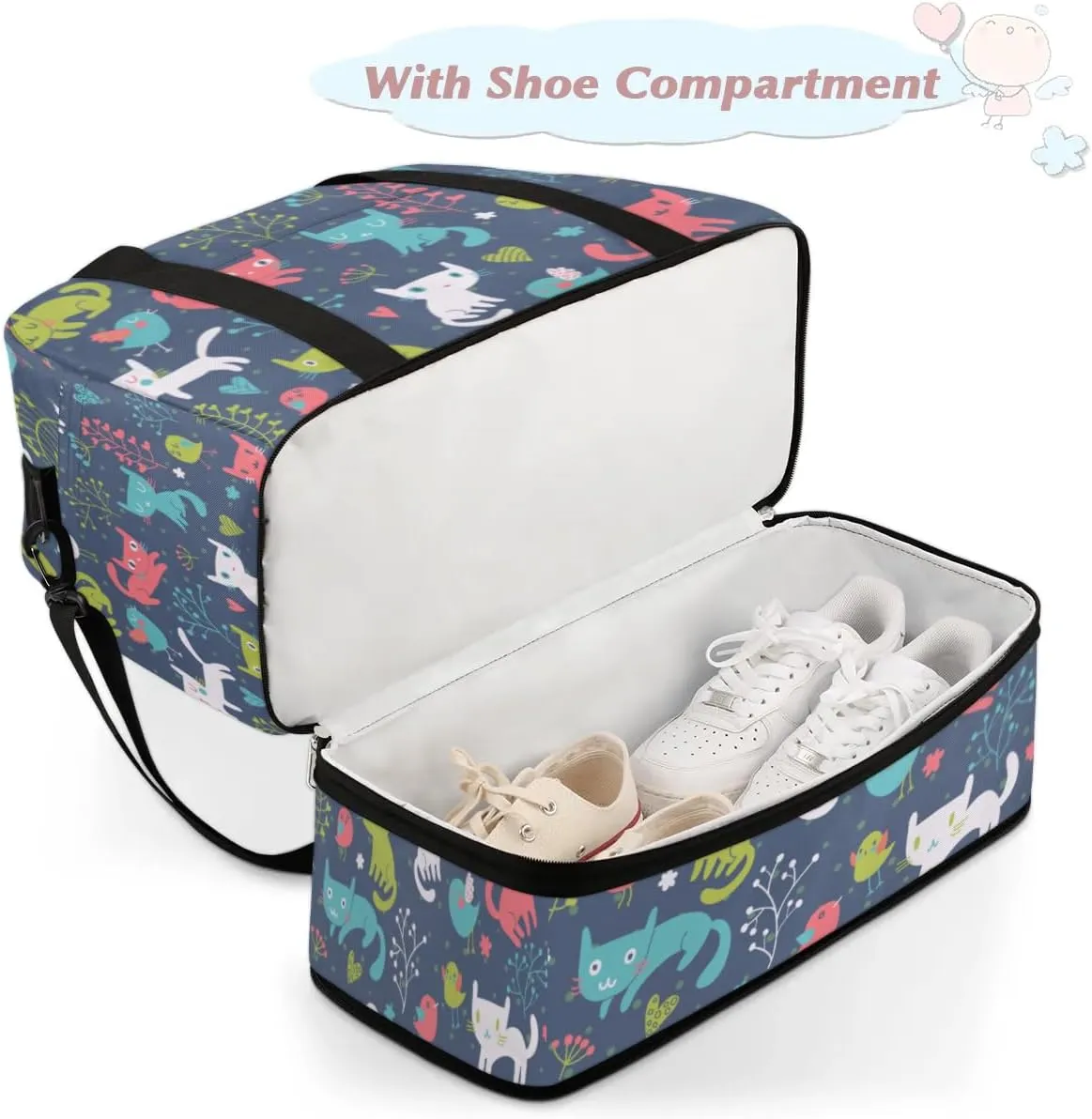 Funny Cat Birds Flowers Sports Gym Bag with Shoes Compartment Foldable Travel Duffel Bag Dry Wet Separated Sports Tote Workout Weekender Overnight Bag for Women Yoga Dance Work Training Handbag