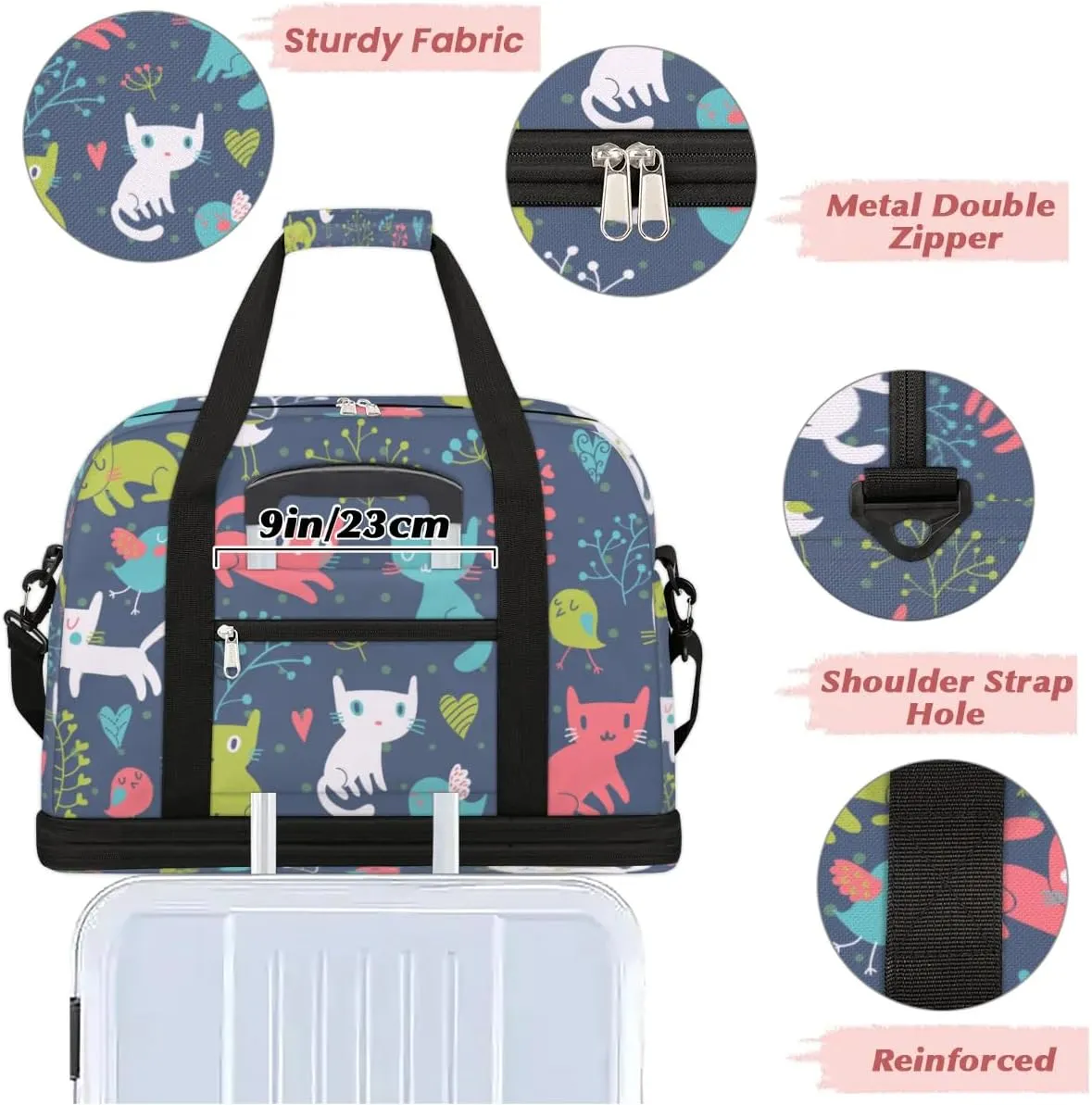 Funny Cat Birds Flowers Sports Gym Bag with Shoes Compartment Foldable Travel Duffel Bag Dry Wet Separated Sports Tote Workout Weekender Overnight Bag for Women Yoga Dance Work Training Handbag