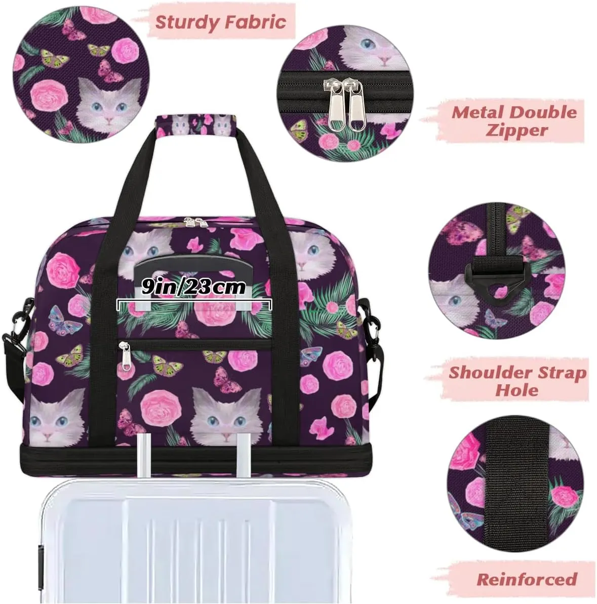 Funny Cat Flowers Sports Gym Bag with Shoes Compartment Foldable Travel Duffel Bag Dry Wet Separated Sports Tote Workout Weekender Overnight Bag for Women Yoga Dance Work Training Handbag