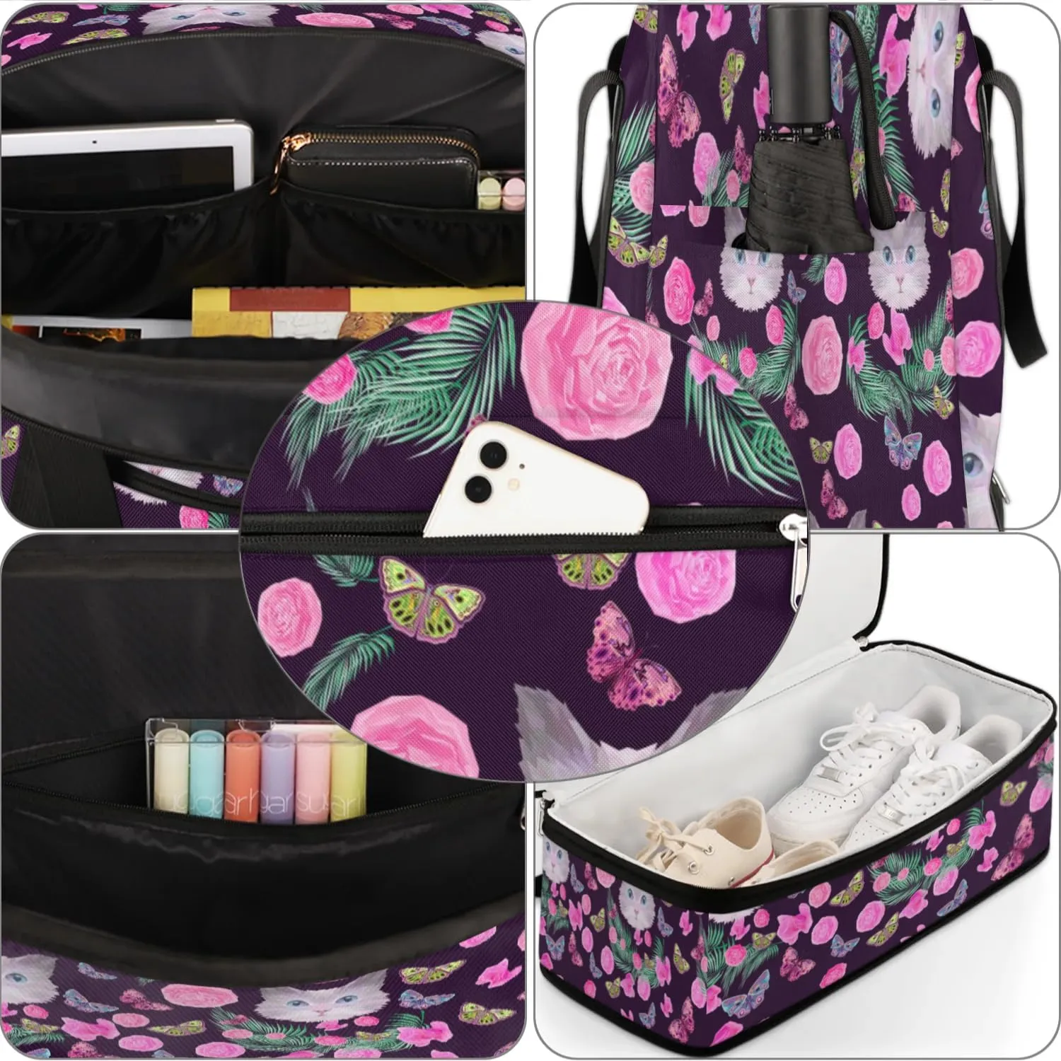 Funny Cat Flowers Sports Gym Bag with Shoes Compartment Foldable Travel Duffel Bag Dry Wet Separated Sports Tote Workout Weekender Overnight Bag for Women Yoga Dance Work Training Handbag