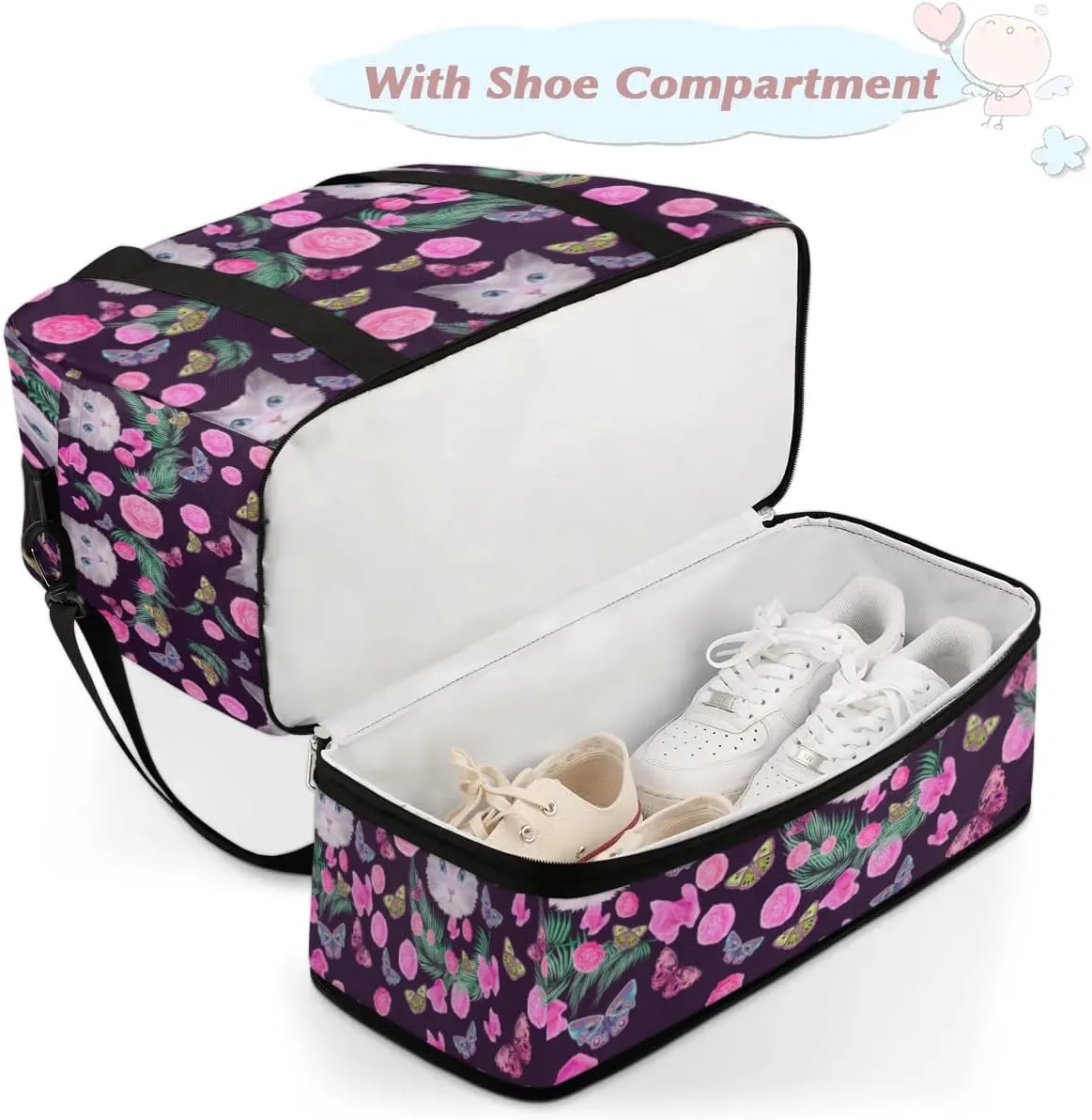 Funny Cat Flowers Sports Gym Bag with Shoes Compartment Foldable Travel Duffel Bag Dry Wet Separated Sports Tote Workout Weekender Overnight Bag for Women Yoga Dance Work Training Handbag