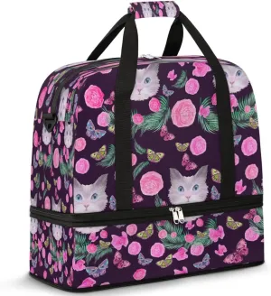 Funny Cat Flowers Sports Gym Bag with Shoes Compartment Foldable Travel Duffel Bag Dry Wet Separated Sports Tote Workout Weekender Overnight Bag for Women Yoga Dance Work Training Handbag