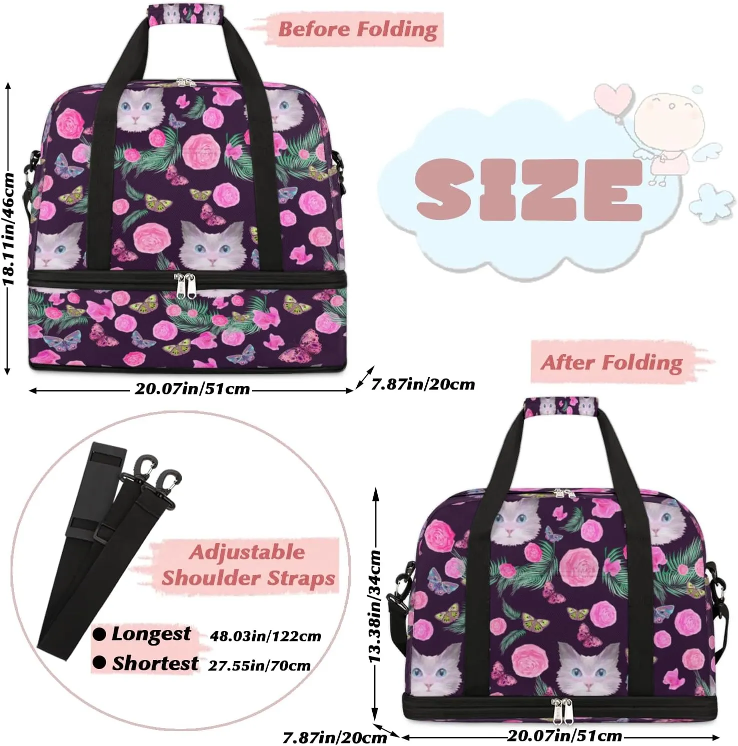 Funny Cat Flowers Sports Gym Bag with Shoes Compartment Foldable Travel Duffel Bag Dry Wet Separated Sports Tote Workout Weekender Overnight Bag for Women Yoga Dance Work Training Handbag