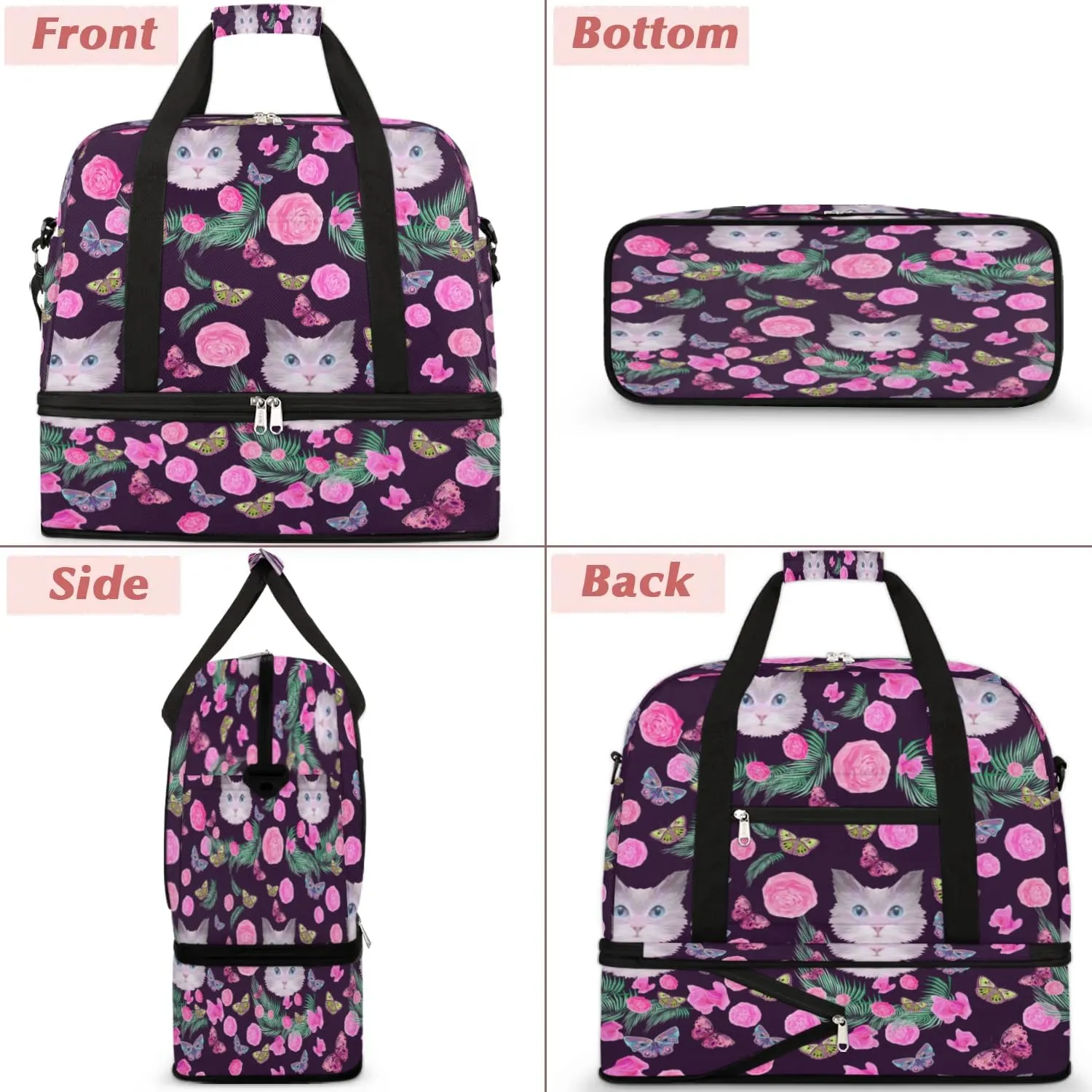 Funny Cat Flowers Sports Gym Bag with Shoes Compartment Foldable Travel Duffel Bag Dry Wet Separated Sports Tote Workout Weekender Overnight Bag for Women Yoga Dance Work Training Handbag