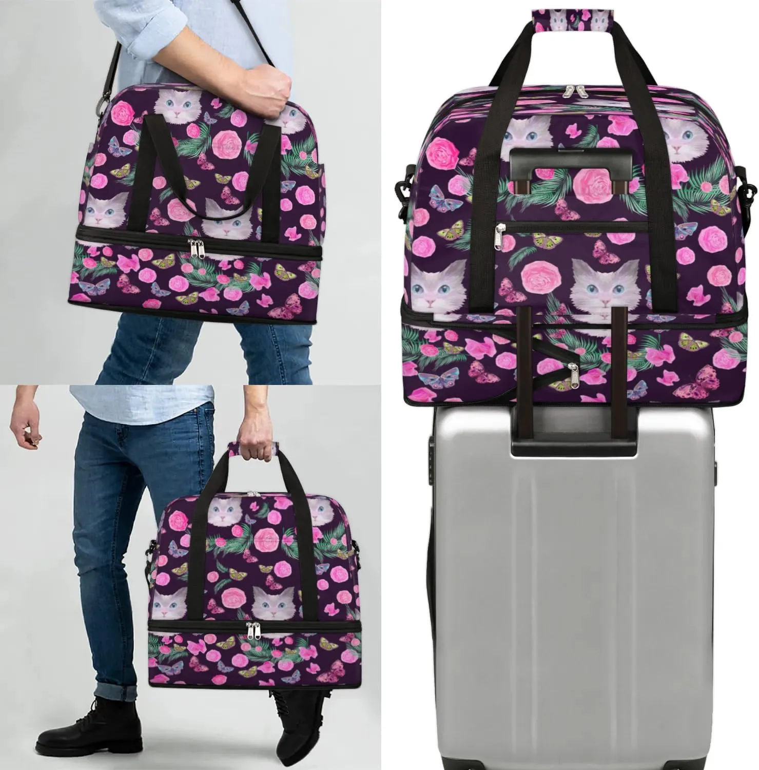 Funny Cat Flowers Sports Gym Bag with Shoes Compartment Foldable Travel Duffel Bag Dry Wet Separated Sports Tote Workout Weekender Overnight Bag for Women Yoga Dance Work Training Handbag