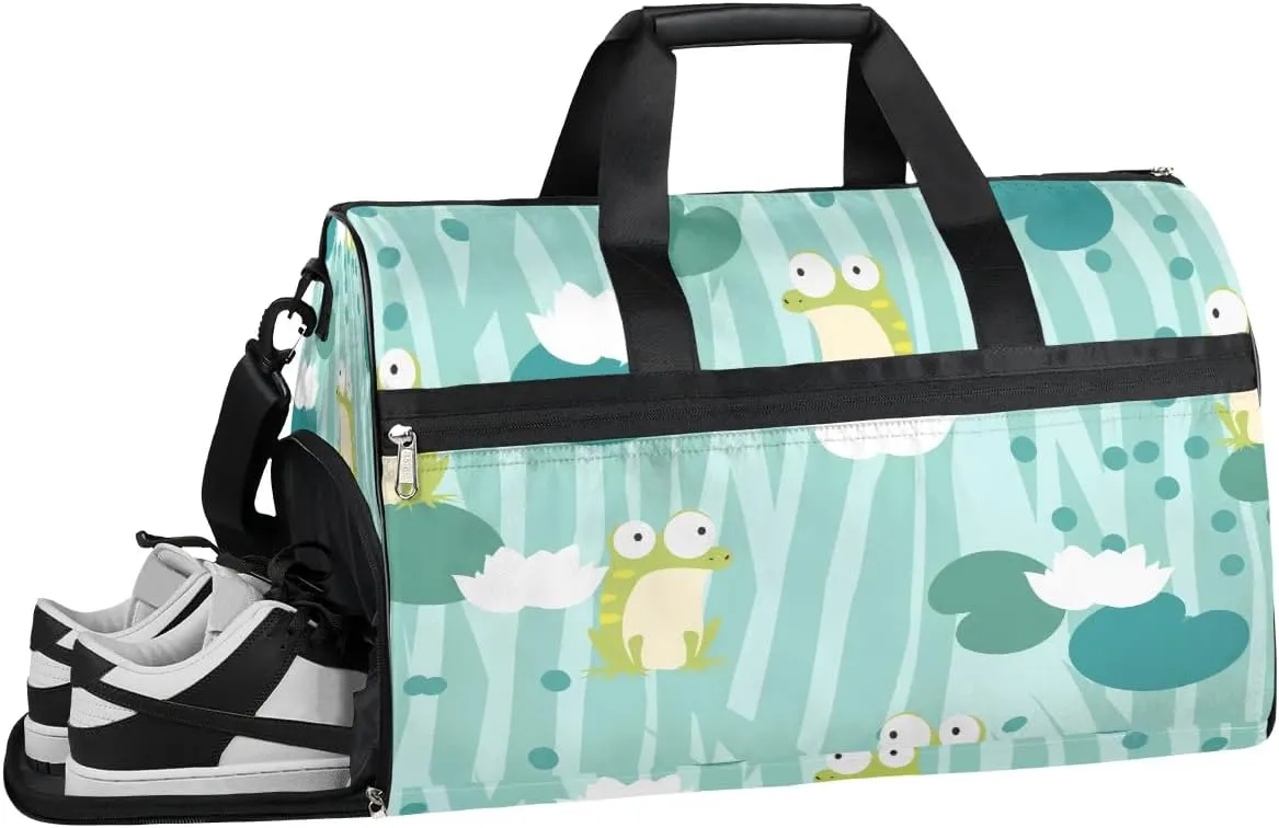 Funny Frogs Design Gym Bag for Women Duffle with Shoes Compartment Men Weekender Duffel Bags for Travel Sports Swimming Overnight Dance