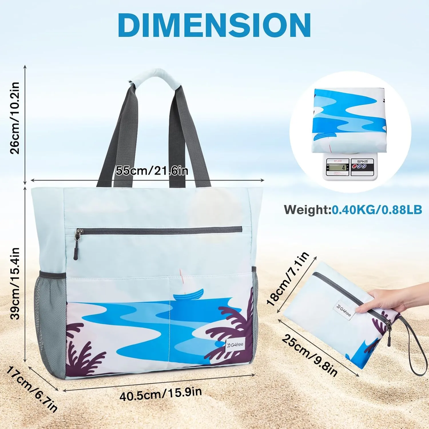 G4Free Beach Bag, Waterproof Sandproof Beach Tote Bag, Large Capacity Foldable for Women
