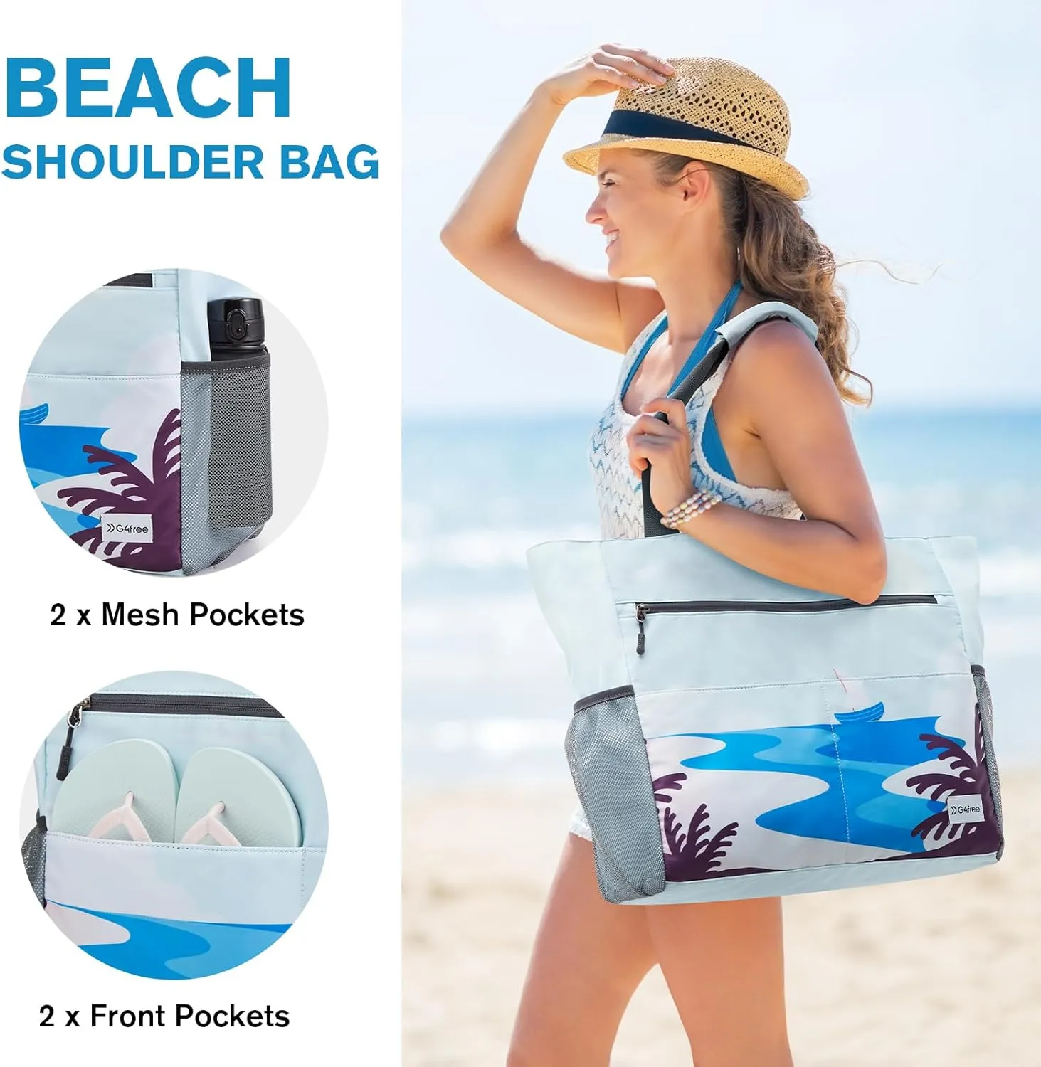 G4Free Beach Bag, Waterproof Sandproof Beach Tote Bag, Large Capacity Foldable for Women